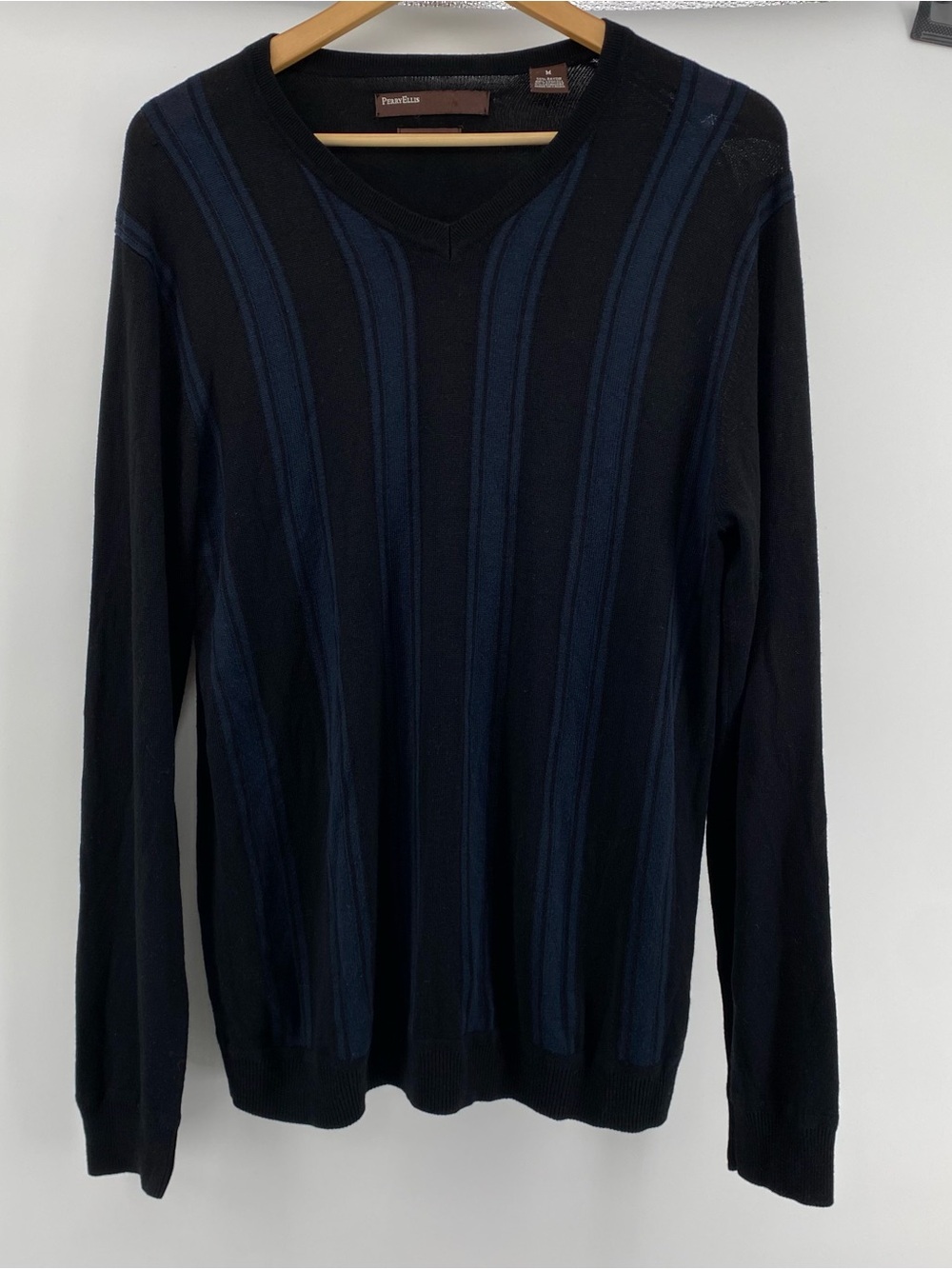 Perry Ellis Cashmere Blend Black V-Neck Sweater with Navy Vertical Stripes